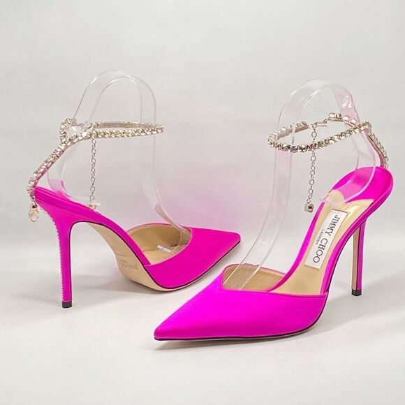 Jimmy Choo Saeda 100mm Satin Crystal Ankle-Strap Pumps size 39 - Picture 9 of 14